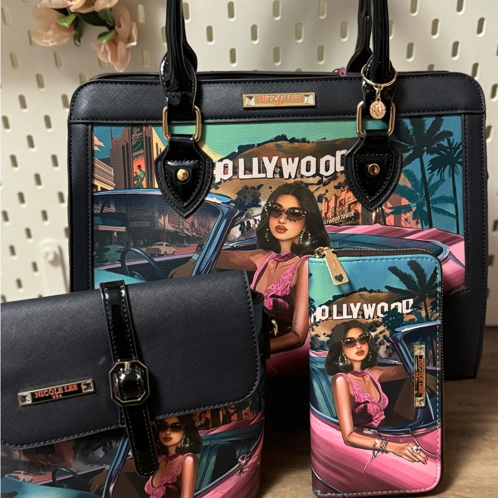 Nicole Lee Hollywood Glam Satchel Set - Black and Pink